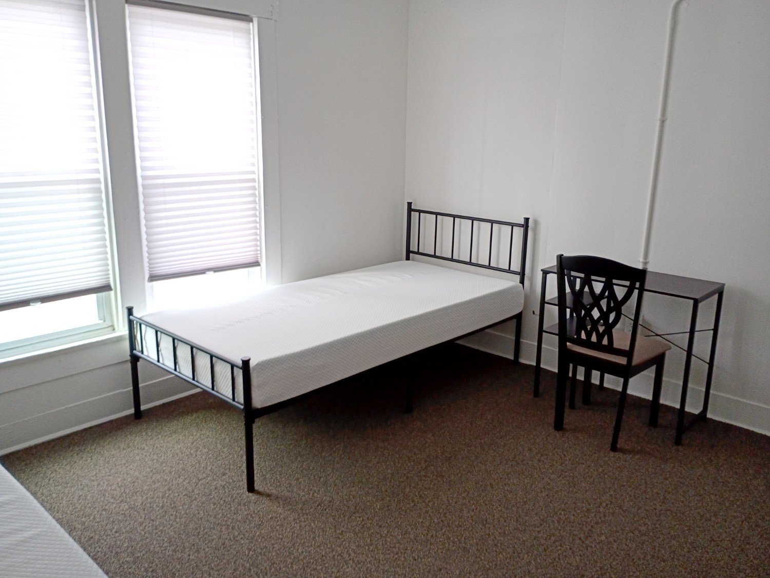 Renovated bedroom with new carpet and open floor space