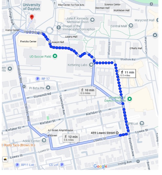 Walking route from 459 Lowes Street to the University of Dayton